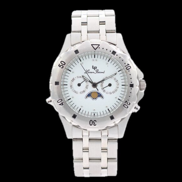 40mm Lucien Piccard 26421WH Calendar Moonphase Men's Quartz Wristwatch Steel - Picture 1 of 8